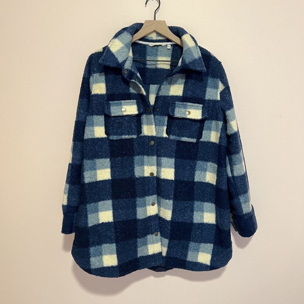 Soft Surroundings Dealto Jacket Sherpa Blue White Plaid Pockets Snap Front Sz L